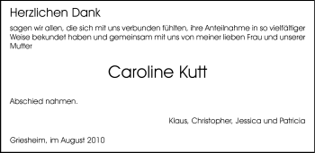 Traueranzeige von Caroline Kutt von Echo-Zeitungen (Gesamtausgabe)