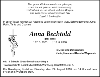 Traueranzeige von Anna Bechtold von Odenwälder Echo