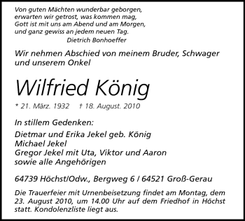 Traueranzeige von Wilfried König von Odenwälder Echo
