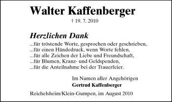 Traueranzeige von Walter Kaffenberger von Odenwälder Echo