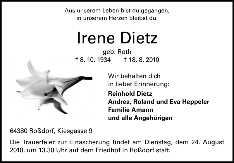  Traueranzeige für Irene Dietz vom 21.08.2010 aus Echo-Zeitungen (Gesamtausgabe)