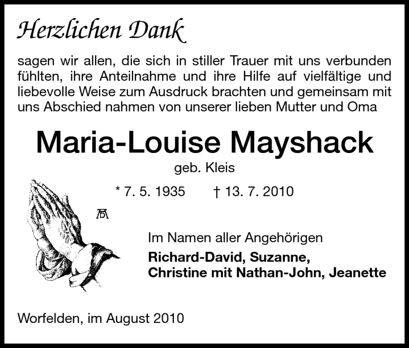  Traueranzeige für Maria-Louise Mayshack vom 25.08.2010 aus Rüsselsheimer Echo, Groß-Gerauer-Echo, Ried Echo
