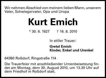 Traueranzeige von Kurt Emich von Echo-Zeitungen (Gesamtausgabe)
