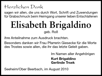 Traueranzeige von Elisabeth Brigaldino von Echo-Zeitungen (Gesamtausgabe)