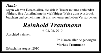 Traueranzeige von Reinhold Trautmann von Odenwälder Echo
