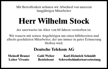 Traueranzeige von Wilhelm Stock von Echo-Zeitungen (Gesamtausgabe)