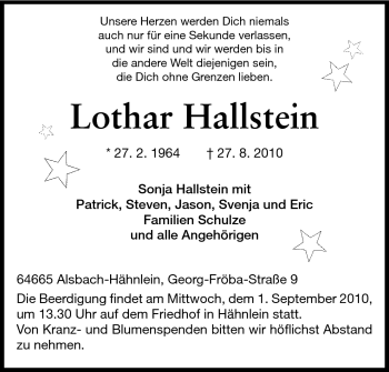 Traueranzeige von Lothar Hallstein von Echo-Zeitungen (Gesamtausgabe)