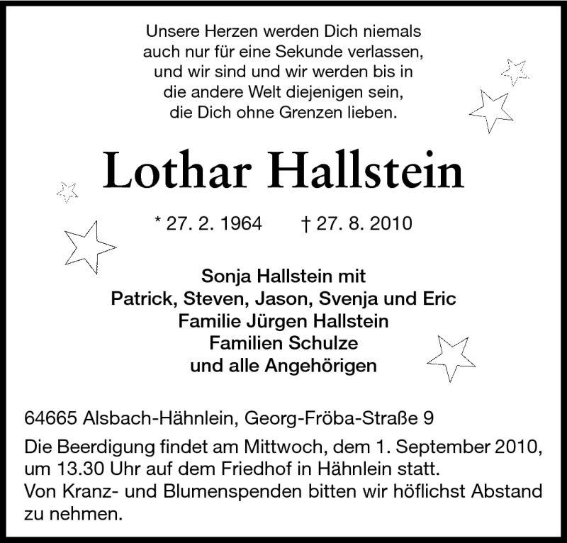  Traueranzeige für Lothar Hallstein vom 31.08.2010 aus Echo-Zeitungen (Gesamtausgabe)