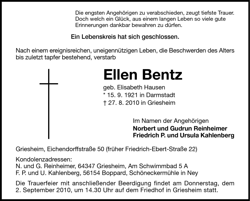  Traueranzeige für Ellen Bentz vom 31.08.2010 aus Darmstädter Echo, Odenwälder Echo, Rüsselsheimer Echo, Groß-Gerauer-Echo, Ried Echo