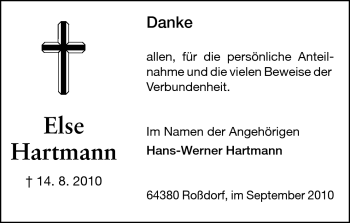 Traueranzeige von Else Hartmann von Echo-Zeitungen (Gesamtausgabe)