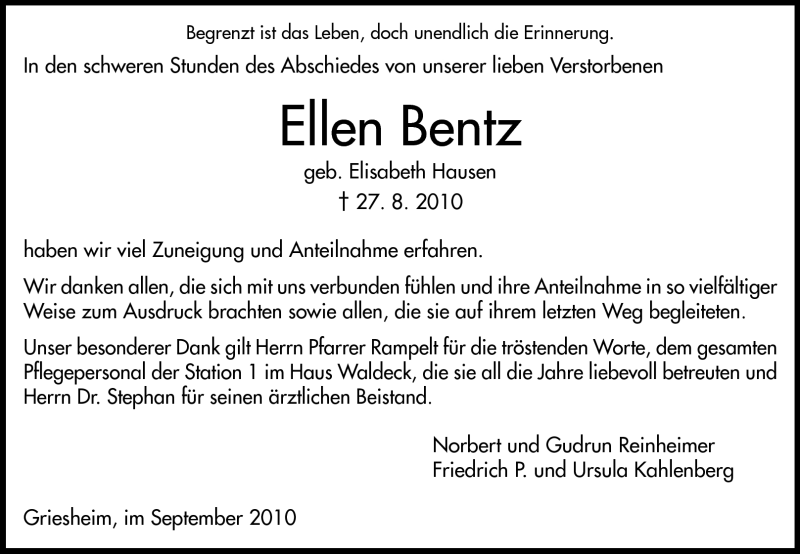  Traueranzeige für Ellen Bentz vom 11.09.2010 aus Darmstädter Echo, Odenwälder Echo, Rüsselsheimer Echo, Groß-Gerauer-Echo, Ried Echo