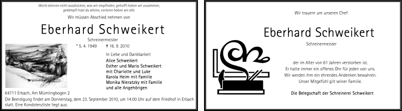  Traueranzeige für Eberhard Schweikert vom 18.09.2010 aus Odenwälder Echo