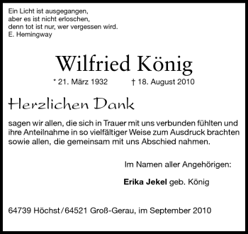 Traueranzeige von Wilfried König von Echo-Zeitungen (Gesamtausgabe)