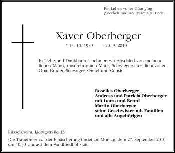 Traueranzeige von Xaver Oberberger von Rüsselsheimer Echo, Groß-Gerauer-Echo, Ried Echo