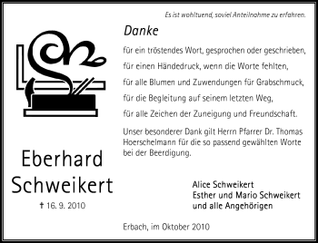 Traueranzeige von Eberhard Schweikert von Odenwälder Echo