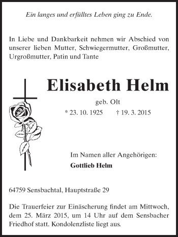 Traueranzeige von Elisabeth Helm von Odenwälder Echo