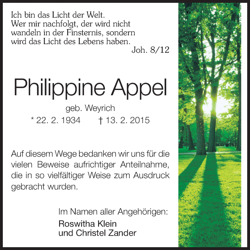  Traueranzeige für Phillipine Appel vom 04.04.2015 aus Odenwälder Echo