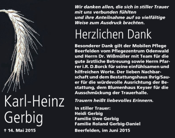 Traueranzeige von Karl-Heinz Gerbig von Odenwälder Echo