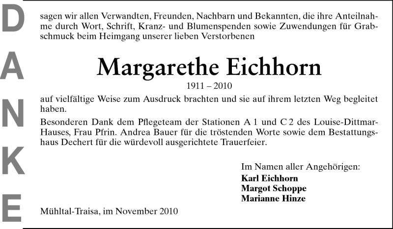  Traueranzeige für Margarethe Eichhorn  vom 13.11.2010 aus Echo-Zeitungen (Gesamtausgabe)