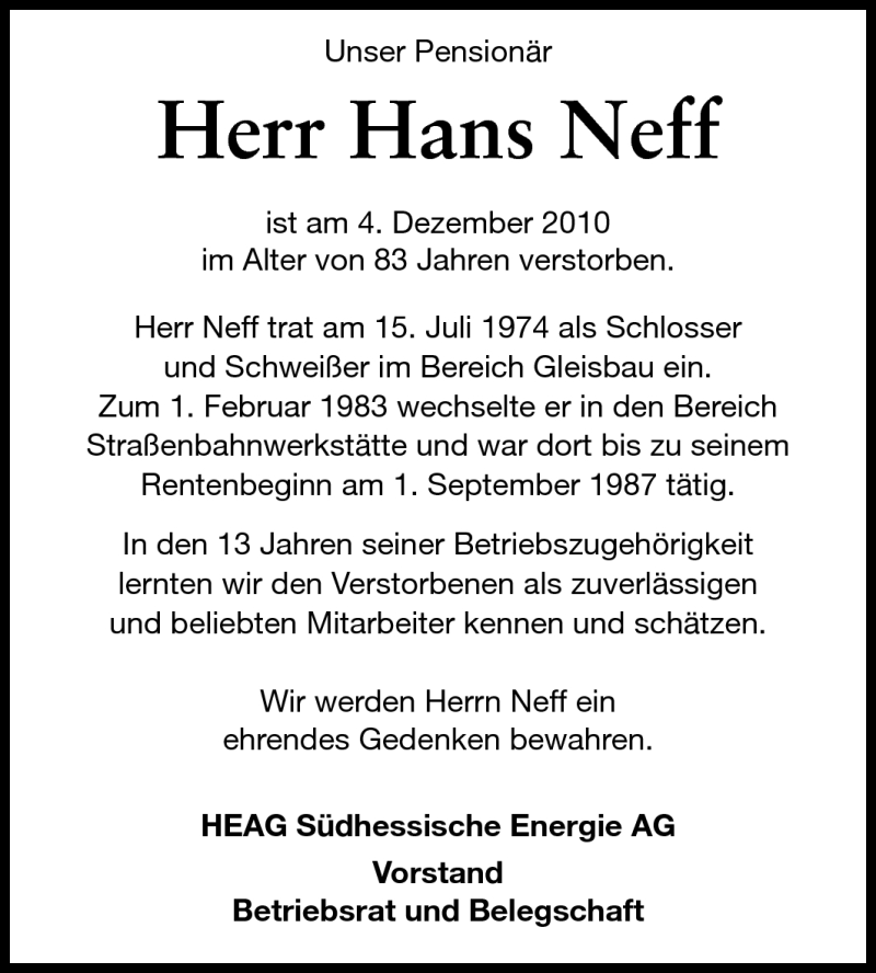  Traueranzeige für Hans Neff vom 16.12.2010 aus Echo-Zeitungen (Gesamtausgabe)