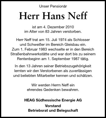 Traueranzeige von Hans Neff von Echo-Zeitungen (Gesamtausgabe)