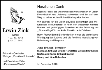 Traueranzeige von Erwin Zink von Odenwälder Echo