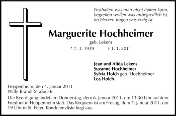 Traueranzeige von Marguerite Hochheimer von Starkenburger Echo