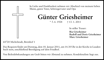 Traueranzeige von Günther Griesheimer von Odenwälder Echo