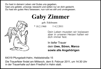 Traueranzeige von Gaby Zimmer von Darmstädter Echo, Odenwälder Echo, Rüsselsheimer Echo, Groß-Gerauer-Echo, Ried Echo