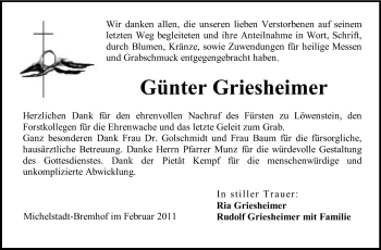Traueranzeige von Günter Griesheimer von Odenwälder Echo
