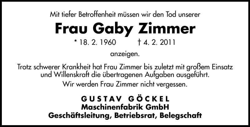  Traueranzeige für Gaby Zimmer vom 08.02.2011 aus Echo-Zeitungen (Gesamtausgabe)