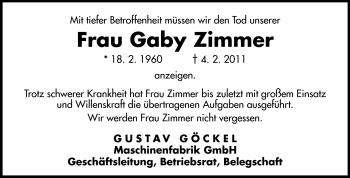 Traueranzeige von Gaby Zimmer von Echo-Zeitungen (Gesamtausgabe)