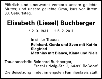 Traueranzeige von Elisabeth Buchberger von Echo-Zeitungen (Gesamtausgabe)