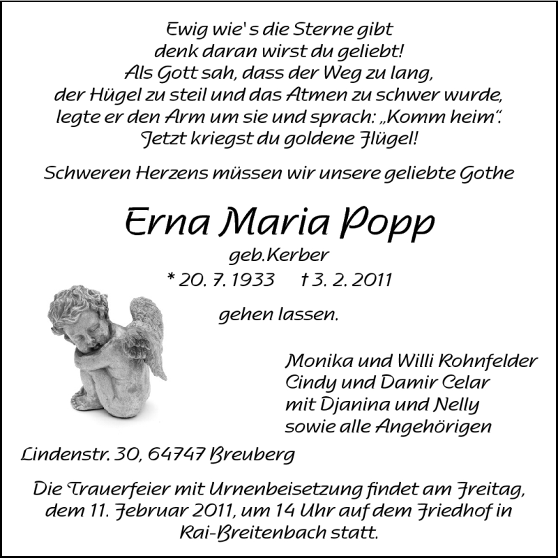  Traueranzeige für Erna Maria Popp vom 09.02.2011 aus Odenwälder Echo