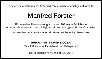 Traueranzeige von Manfred Forster von Rüsselsheimer Echo, Groß-Gerauer-Echo, Ried Echo