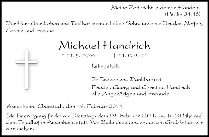  Traueranzeige für Handrich Michael vom 19.02.2011 aus Echo-Zeitungen (Gesamtausgabe)