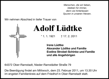 Traueranzeige von Adolf Lüdtke von Darmstädter Echo, Odenwälder Echo, Rüsselsheimer Echo, Groß-Gerauer-Echo, Ried Echo