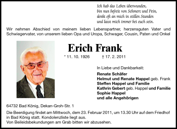 Traueranzeige von Erich Frank von Odenwälder Echo
