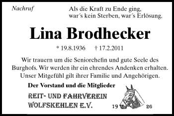 Traueranzeige von Lina Brodhecker von Rüsselsheimer Echo, Groß-Gerauer-Echo, Ried Echo