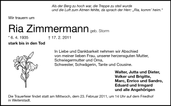 Traueranzeige von Ria Zimmermann von Darmstädter Echo, Odenwälder Echo, Rüsselsheimer Echo, Groß-Gerauer-Echo, Ried Echo