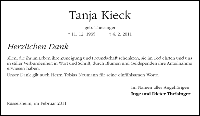  Traueranzeige für Tanja Kieck vom 26.02.2011 aus Rüsselsheimer Echo, Groß-Gerauer-Echo, Ried Echo
