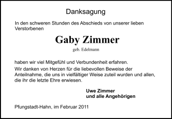 Traueranzeige von Gaby Zimmer von Darmstädter Echo, Odenwälder Echo, Rüsselsheimer Echo, Groß-Gerauer-Echo, Ried Echo