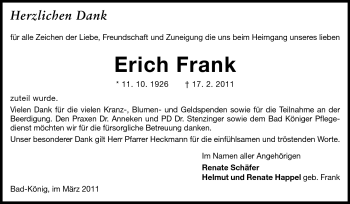 Traueranzeige von Erich Frank von Odenwälder Echo