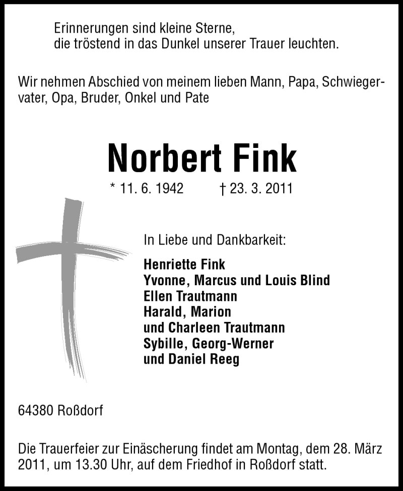  Traueranzeige für Norbert Fink vom 26.03.2011 aus Echo-Zeitungen (Gesamtausgabe)