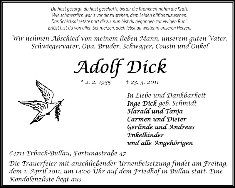  Traueranzeige für Adolf Dick vom 28.03.2011 aus Odenwälder Echo
