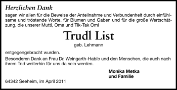Traueranzeige von Trudel List von Echo-Zeitungen (Gesamtausgabe)