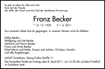 Traueranzeige von Franz Becker von Echo-Zeitungen (Gesamtausgabe)