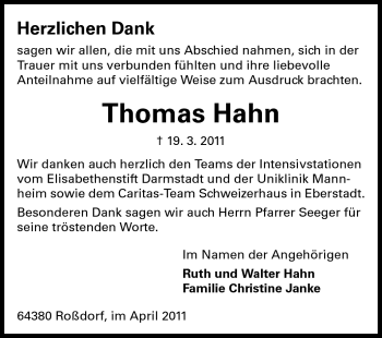 Traueranzeige von Thomas Hahn von Echo-Zeitungen (Gesamtausgabe)