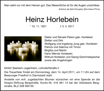 Traueranzeige von Heinz Horlebein von Darmstädter Echo, Odenwälder Echo, Rüsselsheimer Echo, Groß-Gerauer-Echo, Ried Echo