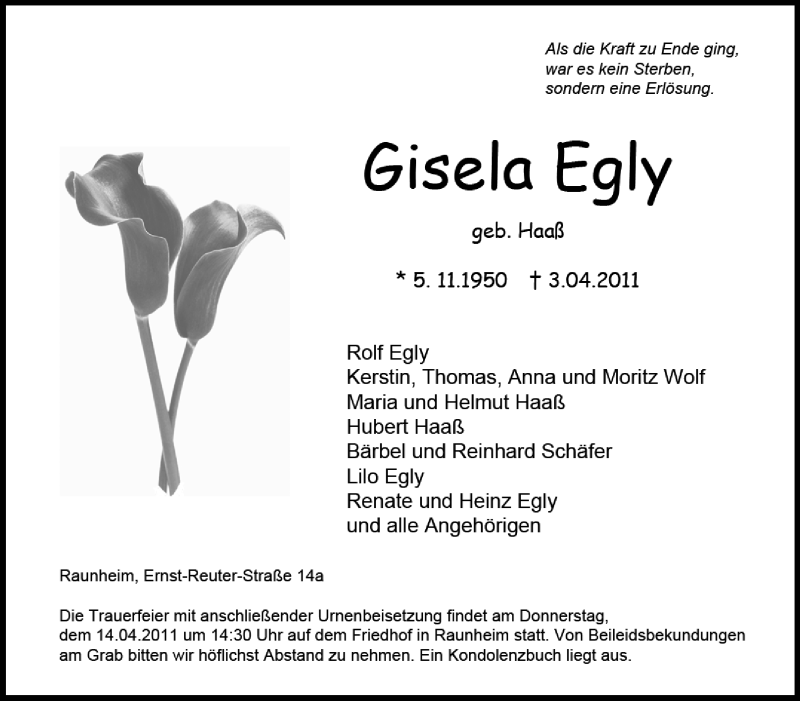  Traueranzeige für Gisela Egly vom 09.04.2011 aus Rüsselsheimer Echo, Groß-Gerauer-Echo, Ried Echo